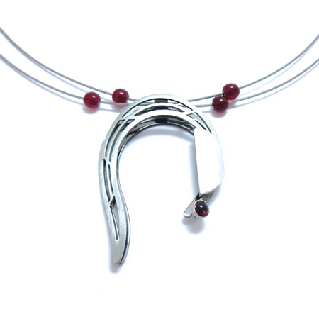 Horseshoe shaped Silver Multiwire Necklace with Red Accent - Click Image to Close
